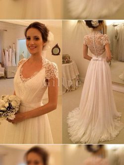 Abito da Sposa Naturale A-Line V-Scollo Principessa in Pizzo – Gillne.it