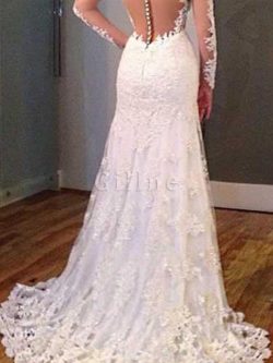 Abito da sposa sirena scollegato con applique in pizzo con maniche lunghe a terra – Gillne.it