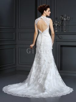 Abito da Sposa V-Scollo con Perline in Pizzo Senza Maniche Naturale – Gillne.it