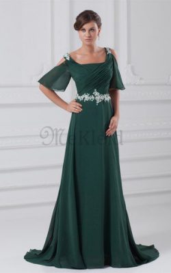 A-Linie Gerüschtes Perlenbesetztes Abendkleid aus Chiffon mit Kurzen Ärmeln – MeKleid.de