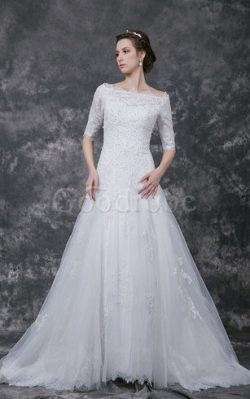 Robe de mariée a-ligne de traîne courte avec manche 1/2 textile en tulle col en bateau – G ...