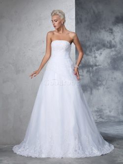 Robe de mariée de traîne moyenne de bustier avec lacets de mode de bal appliques – GoodRobe