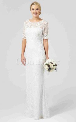 Robe de mariée delicat plissage de fourreau en dentelle col u profond – GoodRobe