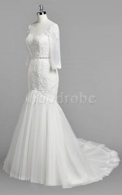 Robe de mariée distinguee naturel de traîne moyenne avec manche 3/4 avec perle – GoodRobe