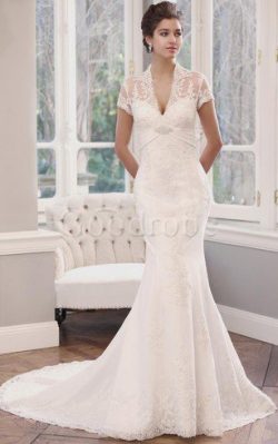 Robe de mariée en dentelle de sirène appliques v encolure avec manche courte – GoodRobe