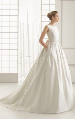 Robe de mariée facile de traîne moyenne avec nœud avec perle manche nulle – GoodRobe