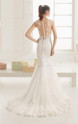 Robe de mariée facile en dentelle manche nulle encolure ronde boutonné – GoodRobe