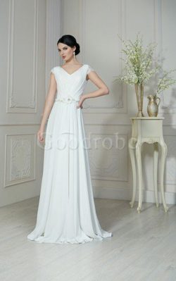 Robe de mariée facile jusqu’au sol de traîne courte avec manche courte col en v foncé R ...