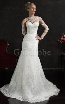 Robe de mariée humble delicat avec manche longue en dentelle trou serre – GoodRobe