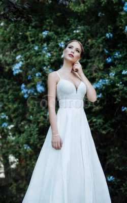 Robe de mariée jusqu’au sol a-ligne textile taffetas manche nulle bretelles spaghetti R ...