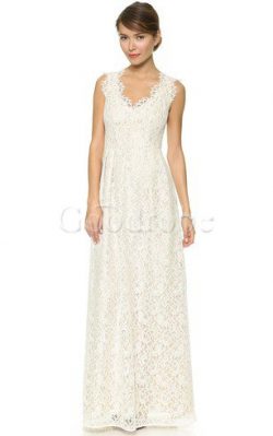 Robe de mariée longue avec sans manches en dentelle fermeutre eclair v encolure – GoodRobe