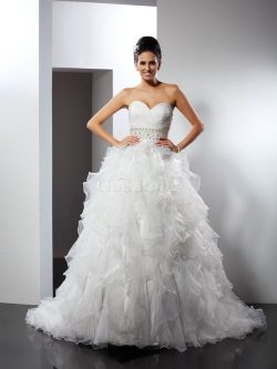 Robe de mariée longue de lotus en organza fermeutre eclair manche nulle – GoodRobe