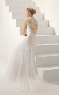 Robe de mariée longue en chute ligne a manche nulle en tulle – GoodRobe