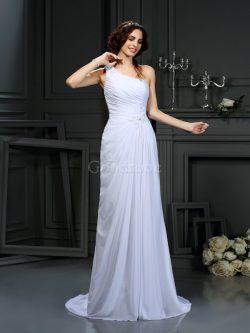 Robe de mariée longue naturel avec sans manches d’épaule asymétrique ligne a – GoodRobe