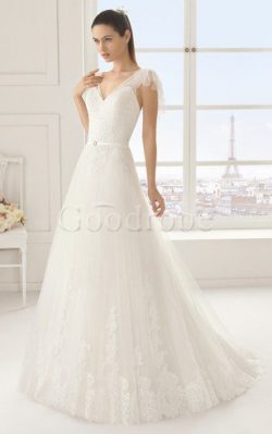 Robe de mariée majestueux longue sans dos jusqu’au sol avec manche courte – GoodRobe