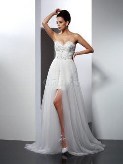 Robe de mariée manche nulle ligne a de traîne mi-longue col en forme de cœur appliques – G ...