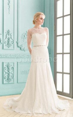 Robe de mariée modeste avec manche longue de traîne courte col en bateau avec cristal – Go ...