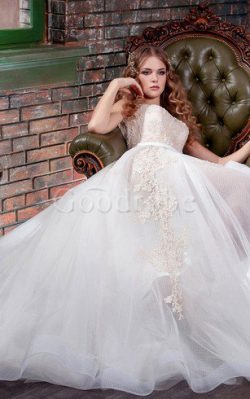 Robe de mariée naturel appliques en tulle col u profond de traîne mi-longue – GoodRobe