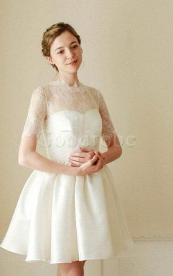 Robe de mariée naturel de col haut en satin avec manche courte avec sans manches – GoodRobe