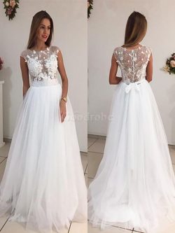 Robe de mariée naturel de princesse col u profond en tulle ligne a – GoodRobe