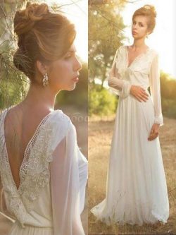 Robe de mariée naturel de princesse de traîne courte avec chiffon v encolure – GoodRobe