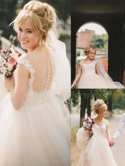 Robe de mariée naturel de princesse manche nulle en tulle col u profond – GoodRobe