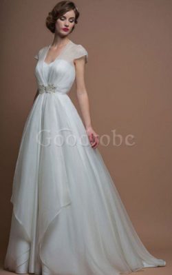 Robe de mariée naturel en organza de col en v au niveau de cou ligne a – GoodRobe