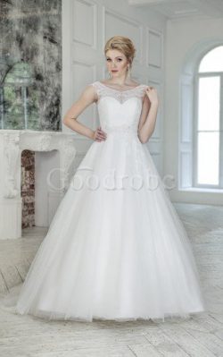 Robe de mariée naturel encolure ronde ligne a avec manche épeules enveloppants en tulle –  ...