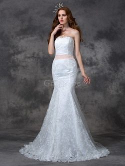 Robe de mariée naturel longue ceinture avec sans manches décolleté dans le dos – GoodRobe