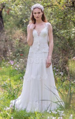 Robe de mariée plissé simple en dentelle avec perle manche nulle – GoodRobe