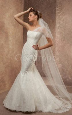 Robe de mariée ruché d’épaule asymétrique jusqu’au sol manche nulle cordon – G ...