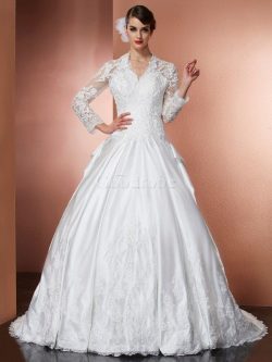 Robe de mariée v encolure fermeutre eclair de princesse a-ligne decoration en fleur – GoodRobe