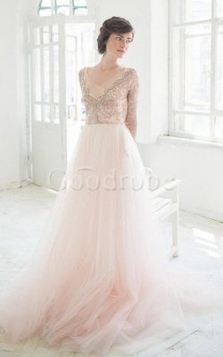 Robe de mariée vintage delicat avec manche longue avec perle de traîne moyenne – GoodRobe