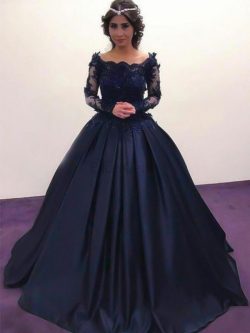 Single Duchesse-Linie Bateau Sweep Train Abendkleid mit Applike mit Langen Ärmeln – MeKleid.de