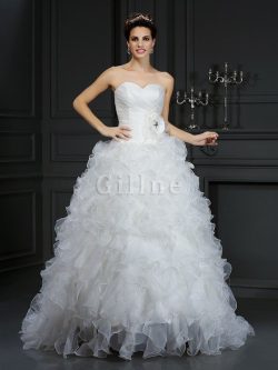 Abito da Sposa Allacciato Ball Gown con Fiore Coda A Strascico Corto Naturale – Gillne.it