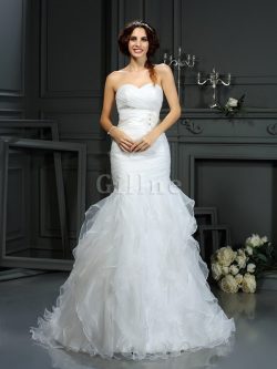 Abito da Sposa Coda A Strascico Corto Sirena con Perline in Organza Cuore – Gillne.it