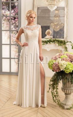 Abito da Sposa con Applique Naturale in Chiffon Largo Cappellino – Gillne.it