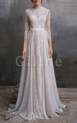 Abito da Sposa con Tre Quarti Lunghezza Maniche Conservatore con Applique con Bottone in Pizzo & ...