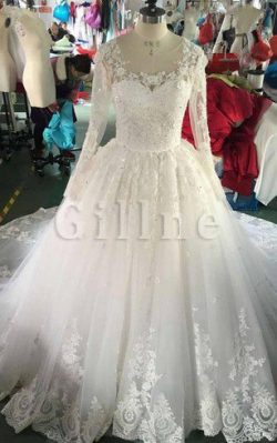 Abito da Sposa in Organza con Maniche Lunghe in Tulle con Applique Quadrato – Gillne.it