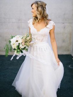 Abito da Sposa in Tulle A Terra A-Line V-Scollo Senza Maniche – Gillne.it