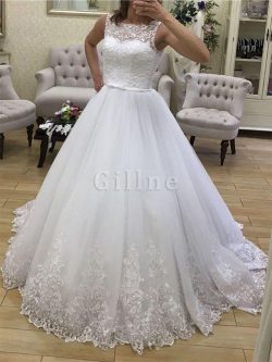 Abito da sposa squisito barchetta in tulle con piega pomposo con ricamo – Gillne.it