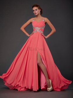 Ärmelloses Natürliche Taile A Linie Ballkleid mit Bordüre aus Chiffon – MeKleid.de