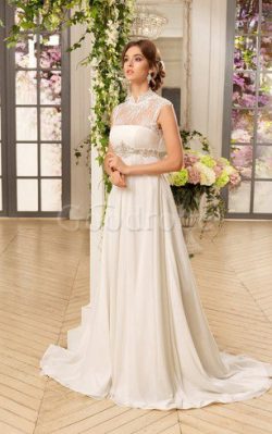 Robe de mariée facile longue a-ligne avec manche épeules enveloppants avec perle – GoodRobe