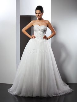 Robe de mariée longue col en forme de cœur de princesse de traîne mi-longue ligne a – GoodRobe