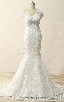 Robe de mariée longue modeste avec décoration dentelle de traîne courte de sirène – GoodRobe