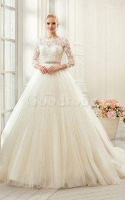 Robe de mariée luxueux ceinture en tulle col en bateau de traîne mi-longue – GoodRobe