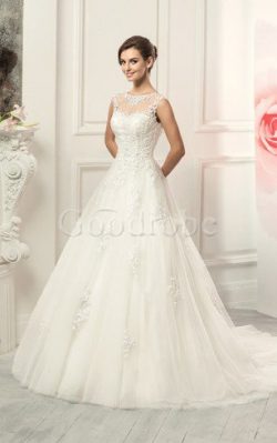 Robe de mariée naturel col ras du cou decoration en fleur manche nulle en dentelle – GoodRobe