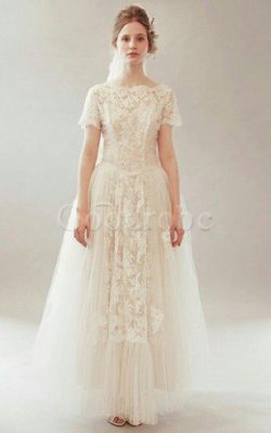 Robe de mariée vintage col u profond en dentelle avec fleurs de col bateau – GoodRobe