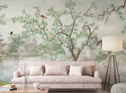 Tree & Birds in Japanese Garden Peel and Stick Wallpaper