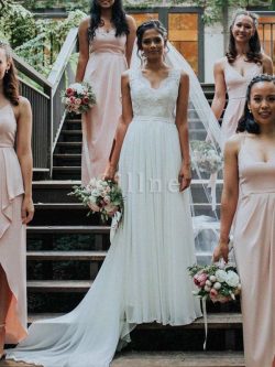 Abito da sposa schiena nuda in chiffon a sala adorabile a terra senza maniche – Gillne.it